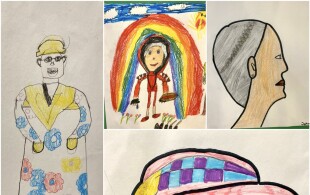 Dessins d'enfants représentant la reine de Danemark lors de sa venue à Tonder