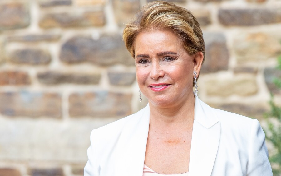 Maria Teresa de Luxembourg lors du baptême du prince Charles du Luxembourg, à l'Abbaye Saint-Maurice de Clervaux au Luxembourg le 19 septembre 2020.