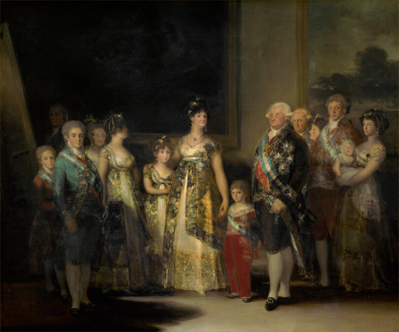Charles IV et sa famille immortalisés "sans fard" par Goya, en 1800. Le roi, la reine et leur fils aîné, le futur Ferdinand VII (au premier plan) sont les ancêtres à la 6e et 7e génération de Felipe VI. © AKG-images