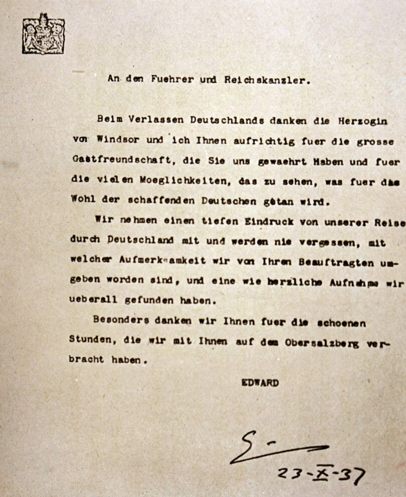 Lettre d'Édouard VIII envoyée à Adolf Hitler après sa visite en Allemagne, en 1937.