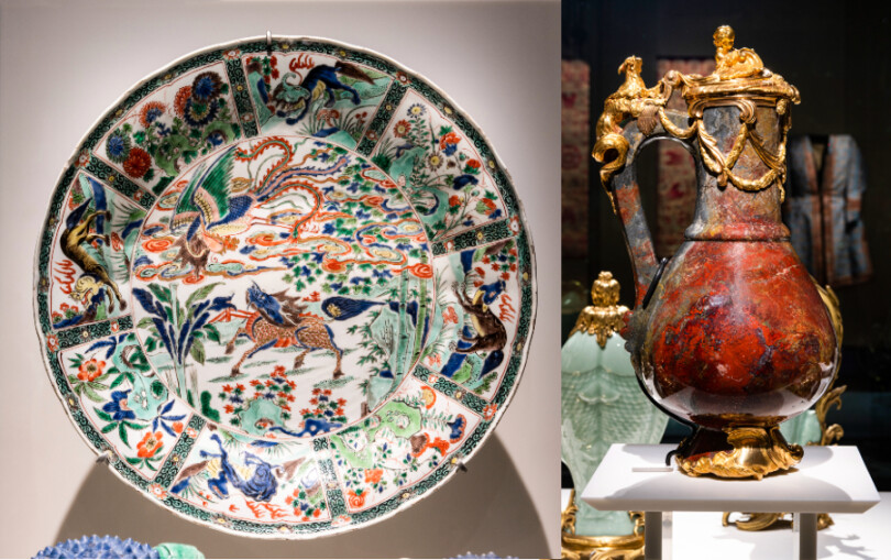 L’assiette à émaux de la famille verte de la période Kangxi et l’aiguière en jaspe sanguin taillée en Sicile.
