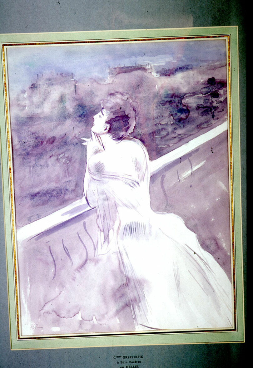 Aquarelle de Paul Helleu représentant la comtesse Greffulhe rêveuse au château de Bois-Boudran.