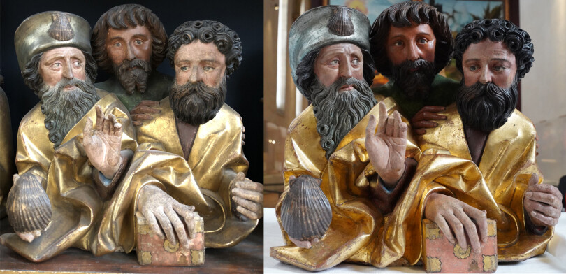 Un avant-après de la restauration minutieuse du Groupe d’Apôtres, sculpté par Nicolas de Haguenau.