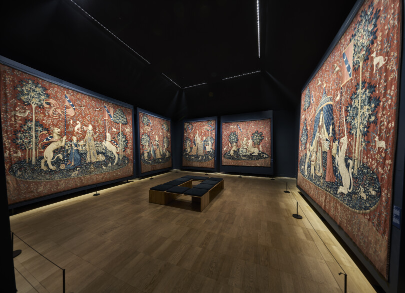 La Dame à la licorne (vers 1500), tenture en laine et soie de six pièces aux armes de la famille Le Viste.