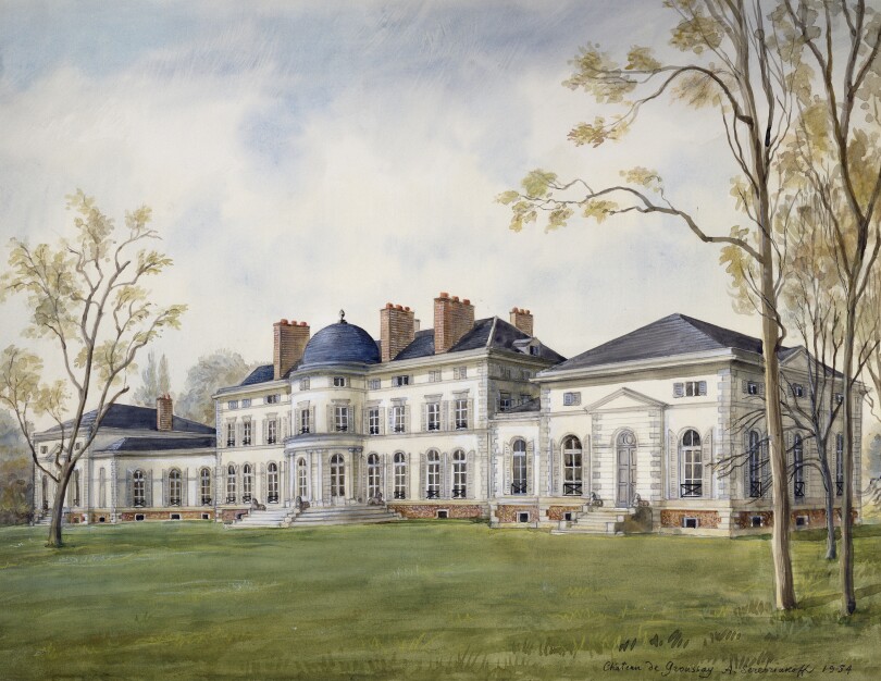 Aquarelle réalisée en 1955 par Alexandre Serebriakoff représentant le château de Groussay, propriété de Charles de Beistegui.