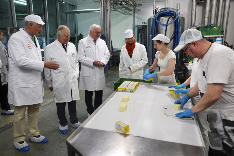 Le roi Charles III et le président allemand Frank-Walter Steinmeier visitent une fromagerie dans l'éco-village de Brodowin, le 31 mars 2023.