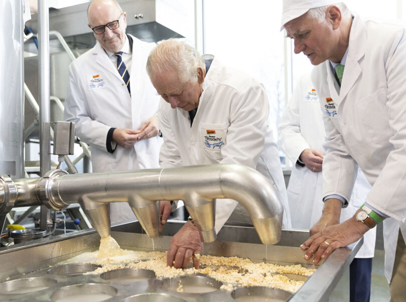 Le roi Charles III s'est essayé à la fabrication de fromage lors d'une visite dans une ferme biologique du Brandebourg en Allemagne, le 30 mars 2023.